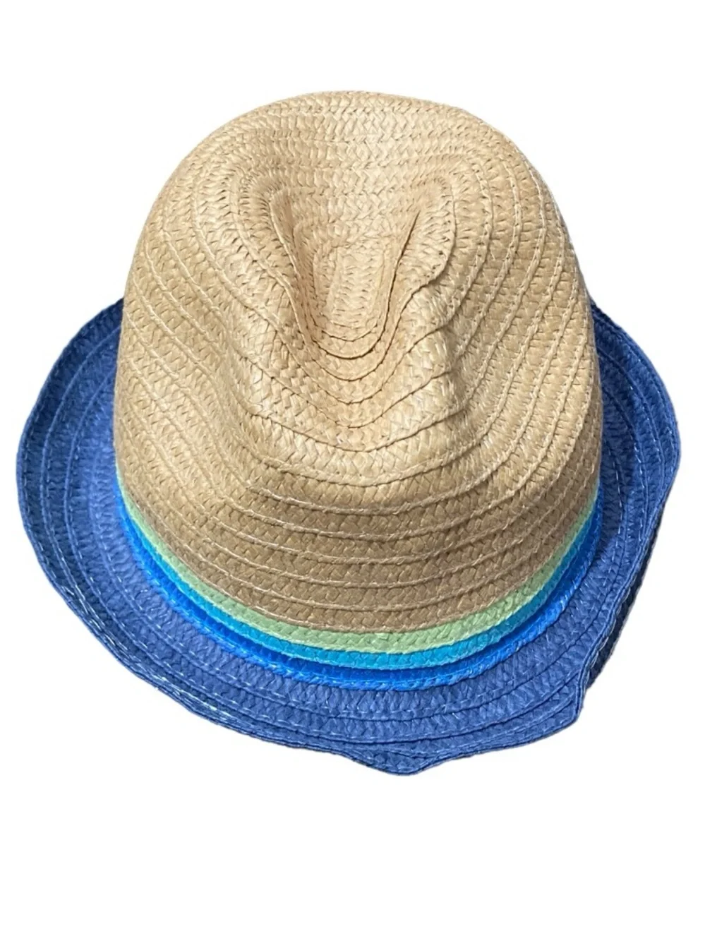 Kids Boy’s Children’s Place Woven Natural Striped Blue Rim Fedora Hat- NWOT